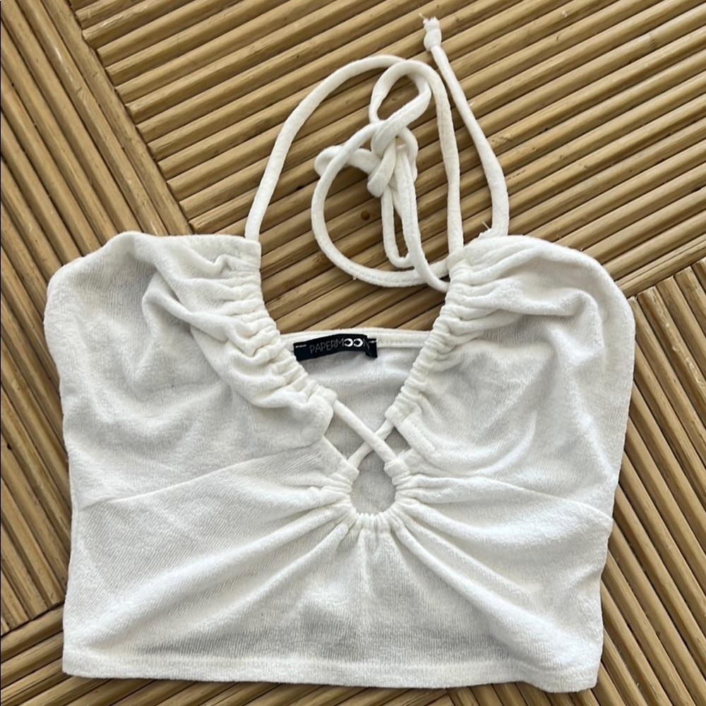 Papermoon White Sleeveless Ruched Cut Out Tank
